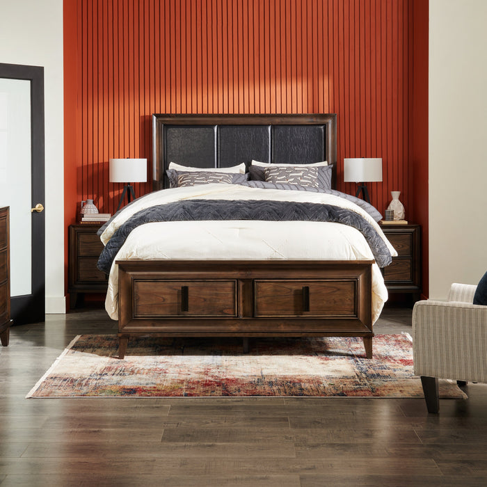 Kane Platform Storage Bed with Headboard & Frame, Vegan Leather, Brown - Queen Size