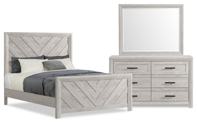 Lark 5pc Bedroom Set with Panel Bed, Dresser & Mirror, Rustic White - Full Size | Ensemble de chambre à coucher Lark 5 pièces blanc rustique avec lit à panneaux, commode et miroir - format lit double