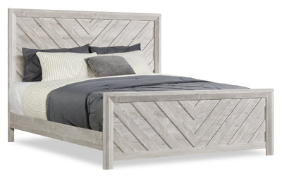 Lark Panel Bed with Headboard & Frame, Chevron Pattern, Rustic White - King Size | Lit à panneaux Lark blanc rustique avec tête de lit, cadre et motif de chevrons - format très grand lit