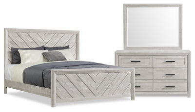 Lark 5pc Bedroom Set with Panel Bed, Dresser & Mirror, Rustic White - King Size | Ensemble de chambre à coucher Lark 5 pièces blanc rustique avec lit à panneaux, commode et miroir - format très grand lit
