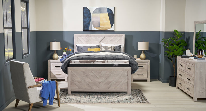 Lark Panel Bed with Headboard & Frame, Chevron Pattern, Rustic White - Queen Size