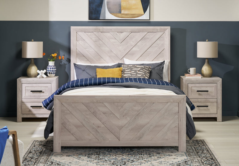 Lark Panel Bed with Headboard & Frame, Chevron Pattern, Rustic White - Queen Size
