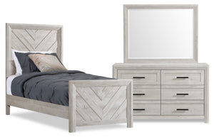 Lark 5pc Bedroom Set with Panel Bed, Dresser & Mirror, Rustic White  - Twin Size