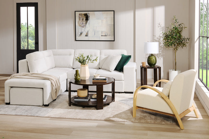 Loft 27.55\" Boucle Fabric Accent Chair with Accent Pillow and Wood Armrests and Legs - White