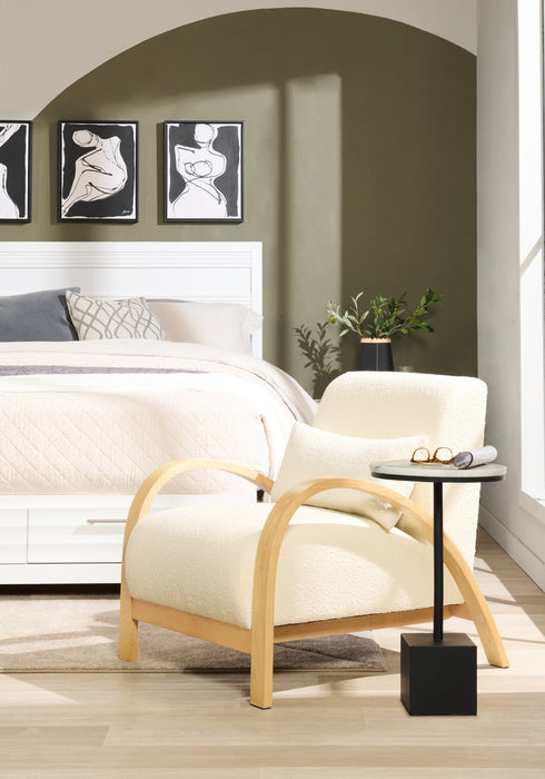 Loft 27.55\" Boucle Fabric Accent Chair with Accent Pillow and Wood Armrests and Legs - White