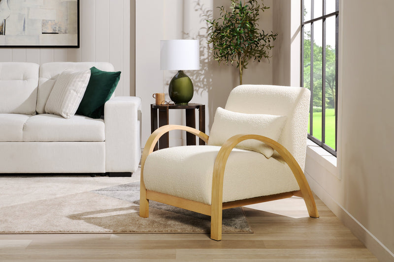 Loft 27.55\" Boucle Fabric Accent Chair with Accent Pillow and Wood Armrests and Legs - White