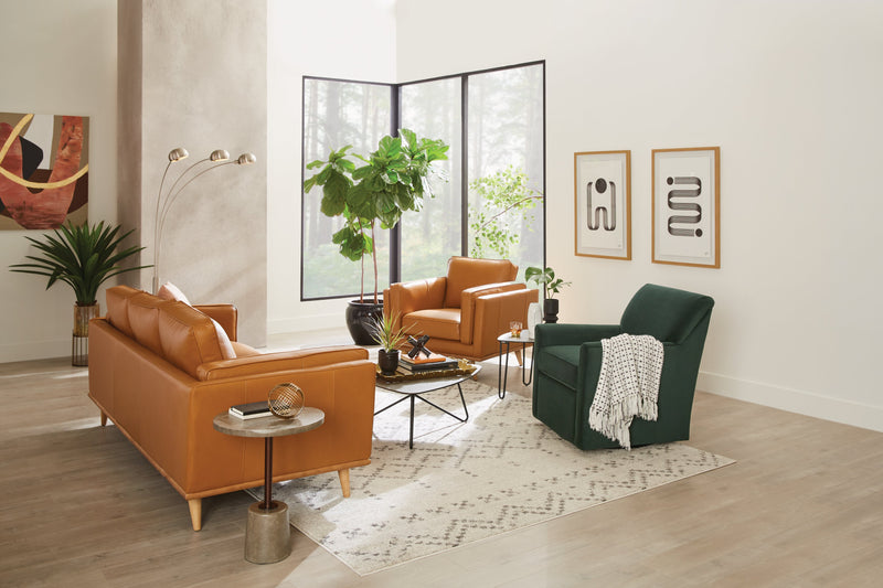 Vivia 40\" Genuine Leather Chair with Removable Seat Cushion and Wood Base - Caramel Brown