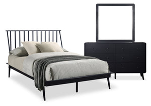 Milan 5pc Bedroom Set with Bed, Dresser & Mirror, Mid-Century Modern, Black - Full Size