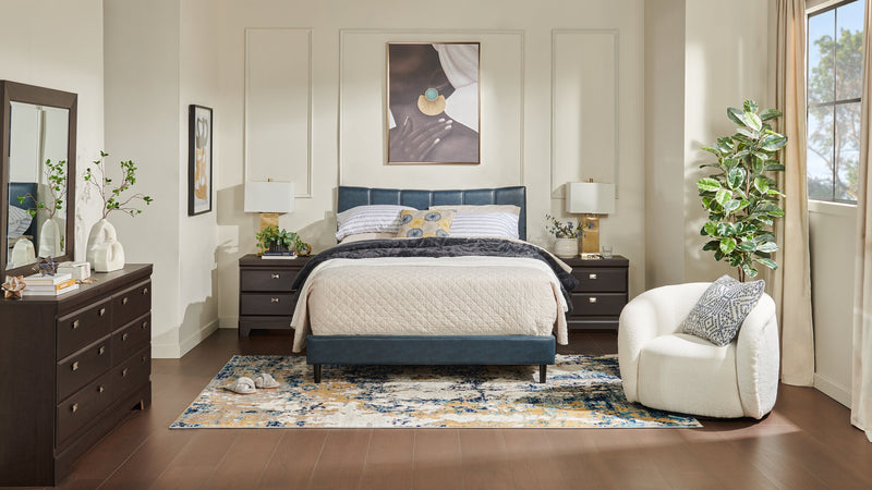 Paseo Platform Bed in Navy Vegan-Leather Fabric - Queen Size