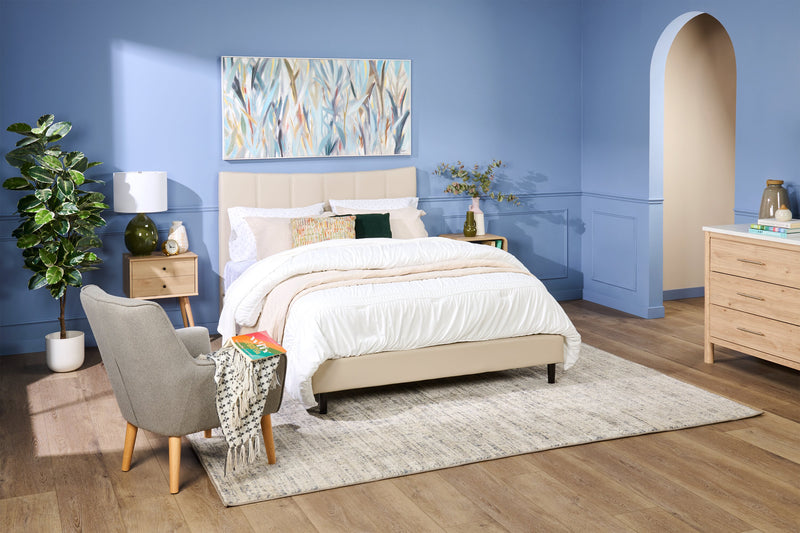 Paseo Platform Bed in Taupe Vegan-Leather Fabric - Queen Size