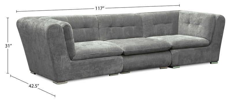 Scott Living Plaza Modular 117\" Fabric Sofa with Tufted Back Cushions and Metal Legs - Grey