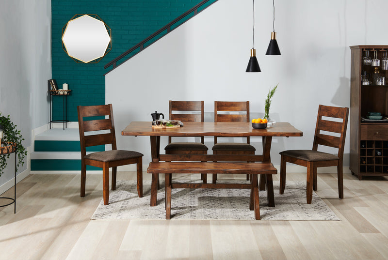 Plum 6pc Dining Set with Table, Bench & 4 Chairs, Wood, Live-Edge Look, 70.75\"W- Nutmeg Brown