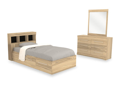 Riley Mates Bed 5pc Set with Bookcase Headboard, Dresser & Mirror, Natural - Twin Size | Ensemble lit matelot Riley 5 pièces avec tête de lit bibliothèque, commode et miroir, naturel - format lit simple