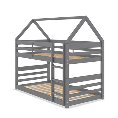 Gemma Twin Over Twin House Bunk Bed with Roof, Built-in Ladder & Guardrails for Kids - Grey | Lits simples superposés Gemma en forme de maison avec toit, échelle intégrée et garde-corps pour enfants - gris