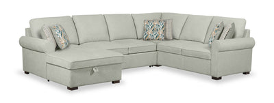 Scott Living Haven 4-Piece Left-Facing Chenille Fabric Sleeper Sectional with Storage Chaise - Seafoam Blue | Sofa-lit sectionnel de gauche Haven de Scott Living 4 pièces en tissu de chenille avec fauteuil long de rangement - bleu écume de mer