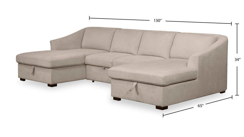 Envy 3-Piece Chenille Fabric Sleeper Sectional with Two Storage Chaises - Almond Beige