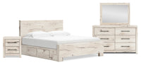 Derekson 6pc Bedroom Set with Side Storage Bed, Dresser, Mirror & Nightstand, Rustic White - King Size