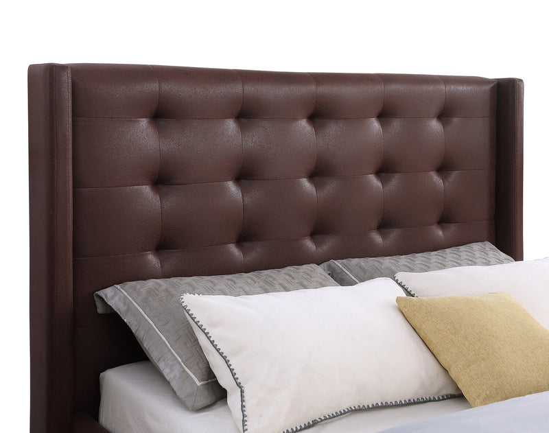 Hugo Upholstered Platform Bed in Brown Vegan-Leather Fabric, Tufted - Queen Size