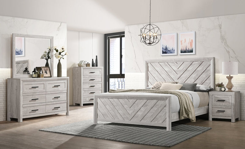 Lark Panel Bed with Headboard & Frame, Chevron Pattern, Rustic White - Full Size