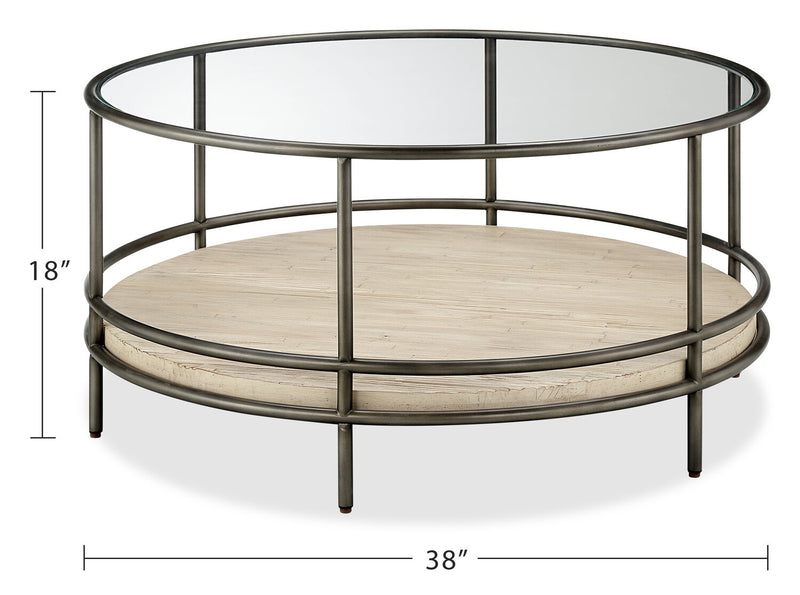 Saxon 38\" Modern Round Coffee Table with Shelf - Natural and Vintage Nickel