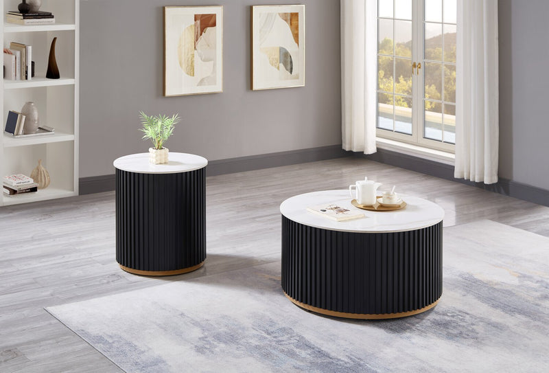 Kort & Co. Capri 32” Modern Round Coffee Table with White Sintered Stone Top and Casters - Black and Gold