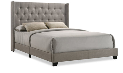 Brady Upholstered Wingback Bed in Light Grey Fabric with Nailhead Design, Button Tufted - Full Size | Lit rembourré à oreilles Brady en tissu gris clair avec clous décoratifs et capitonnage à boutons - format lit double