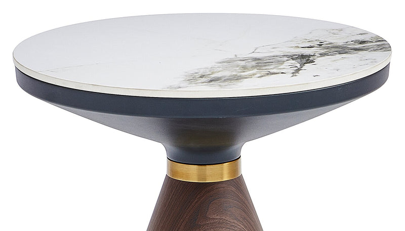 Alwin 19.5” Modern Round End Table with White Sintered Stone Top - Brown