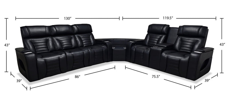 Zen 3-Piece Leather-Look Fabric Power Reclining Sectional with Massage, Drop-Down Console and Refrigerator - Black