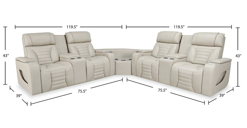 Zen 3-Piece Leather-Look Fabric Power Reclining Sectional with Massage and Two Refrigerator Consoles - Apricot
