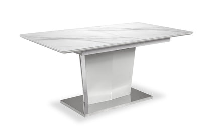 Naya Dining Table, 63-78.75"W Self-Storing Butterfly Leaf, Metal, Glass, Faux Marble – White | Table de salle à manger Naya de 63 po à 78,75 po (L) avec papillon se rangeant sous la table, en métal, en verre en imitation de marbre - blanche