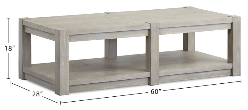 Clifford 60” Contemporary Solid Wood Coffee Table with Shelf and Casters - Calico Grey