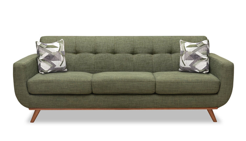 Kort & Co. Freeman 88\" Linen-Look Fabric Sofa with Wood Base and Tufted Back Cushions - Avocado Green
