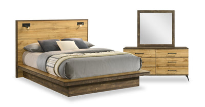 Silas 5pc Bedroom Set with Platform Bed, Dresser & Mirror, LED, Rustic Brown - Full Size | Ensemble de chambre à coucher Silas 5 pièces brun rustique avec lit plateforme, commode, miroir et éclairage à DEL - format lit double