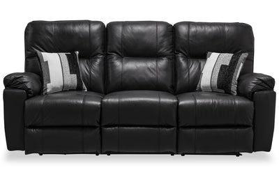 Made in Canada Dawson 87" Genuine Leather Power Reclining Sofa with USB Port and Accent Pillows - Black | Sofa à inclinaison électrique Dawson de 87 po fabriqué au Canada en cuir véritable avec port USB et oussins décoratifs - noir
