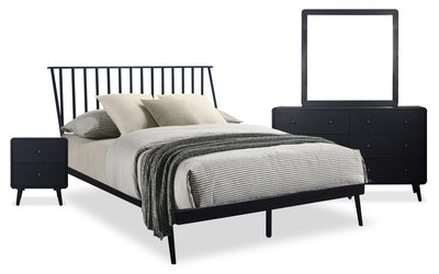 Milan 6pc Bedroom Set with Bed, Dresser, Mirror & Nightstand, Mid-Century Modern, Black - Queen Size | Ensemble de chambre à coucher Milan 6 pièces de style moderne du milieu du 20e siècle avec lit, commode, miroir et table de nuit, noir - grand lit