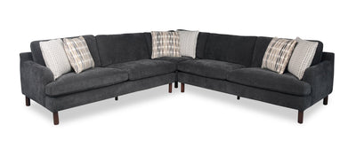 Jorja 3-Piece Chenille Fabric Sectional with Wood Legs and Accent Pillows - Granite Grey | Sofa sectionnel Jorja 3 pièces en tissu de chenille avec pattes en bois et coussins décoratifs - gris granite