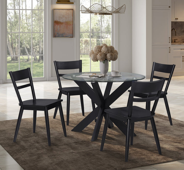 Remi 5pc Dining Set with Table & 4 Ladder-Back Chairs, Glass & Wood, 42\"W Round - Black
