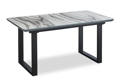 Ezra Dining Table, 63-79"W Self-Storing Butterfly Leaf, Metal, Glass, Faux Marble - White | Table de salle à manger Ezra de 63 po à 79 po (L) avec rallonge papillon se rangeant, en métal, en verre et en imitation de marbre - blanche