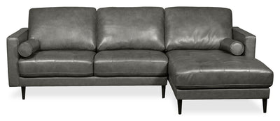 Edge 2-Piece Right-Facing Genuine Leather Sectional with Wood Legs and Removable Back Cushions - Grey | Sofa sectionnel de droite Edge 2 pièces en cuir véritable avec pattes en bois et coussins de dossier amovibles - gris