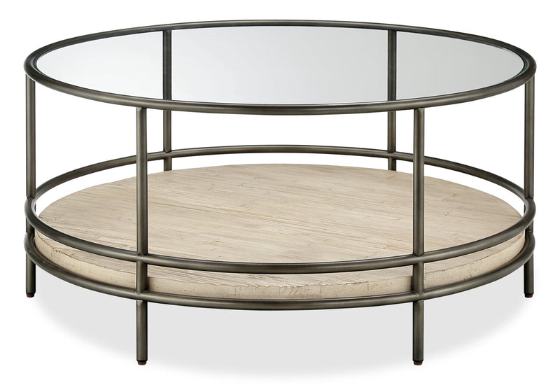 Saxon 38\" Modern Round Coffee Table with Shelf - Natural and Vintage Nickel