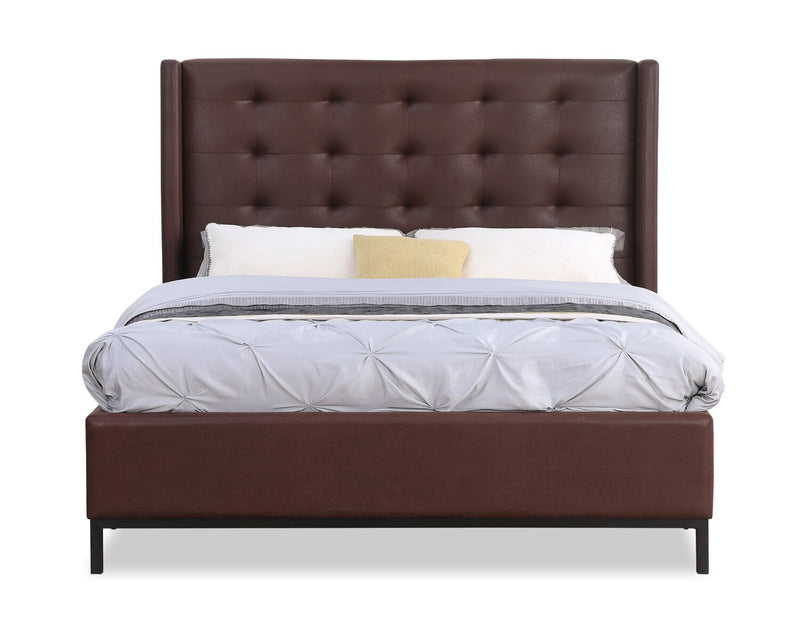 Hugo Upholstered Platform Bed in Brown Vegan-Leather Fabric, Tufted - Queen Size
