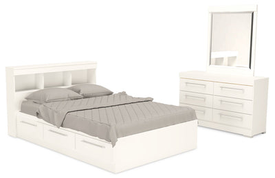 Riley Mates Bed 5pc Set with Bookcase Headboard, Dresser & Mirror, White - Full Size | Ensemble lit matelot Riley 5 pièces avec tête de lit bibliothèque, commode et miroir, blanc - format lit double