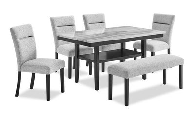 Libra 6pc Dining Set with Table, Bench & 4 Chairs, Marble-Look Top, 60"W - Black/Grey | Ensemble de salle à manger Libra 6 pièces avec table de 60 po (L) à dessus en imitation de marbre, banc et 4 chaises - noir et gris