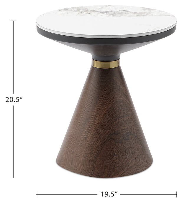 Alwin 19.5” Modern Round End Table with White Sintered Stone Top - Brown