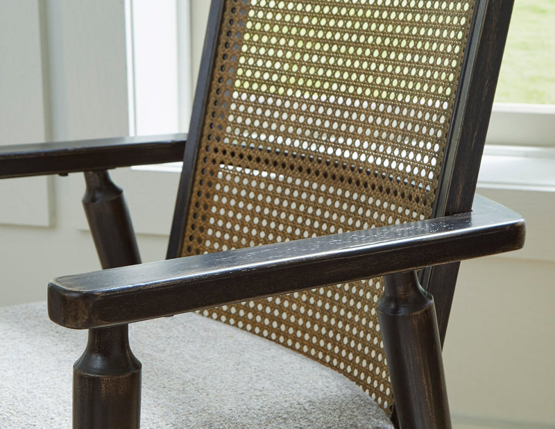 Shaw Dining Arm Chair with Polyester Fabric, Cane-Look Woven Back - Black