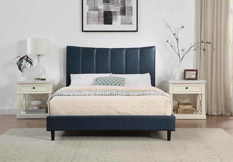 Paseo Platform Bed in Navy Vegan-Leather Fabric - Queen Size