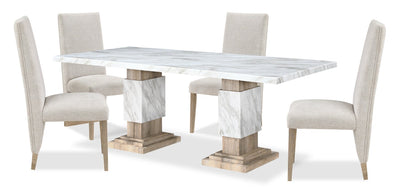 Vega 5pc Dining Set with Table & 4 Chairs, Marble Look, Pedestal Base, 82"W - Natural & White | Ensemble de salle à manger Vega 5 pièces avec table de 82 po (L), imitation de marbre, base piédestal et 4 chaises - naturel et blanc