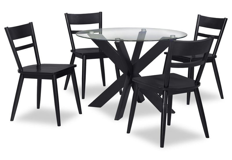 Remi 5pc Dining Set with Table & 4 Ladder-Back Chairs, Glass & Wood, 42\"W Round - Black