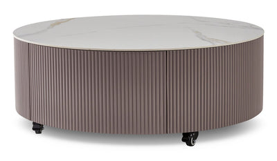 Circa 31.5" Modern Round Coffee Table with White Sintered Stone Top, Storage and Casters - Grey-Taupe | Table à café ronde moderne Circa de 31,5 po avec dessus en pierre frittée blanche, rangement et roulettes - taupe-gris | CIRCACTB