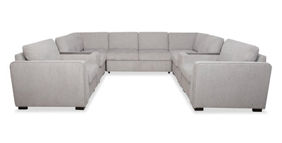 Vault 9-Piece Sectional with Sofa Bed Loveseat, Four Storage Chairs and Storage USB Console - Grey | Sofa sectionnel Vault 9 pièces avec causeuse-lit, 4 fauteuils de rangement et console de rangement avec USB - gris